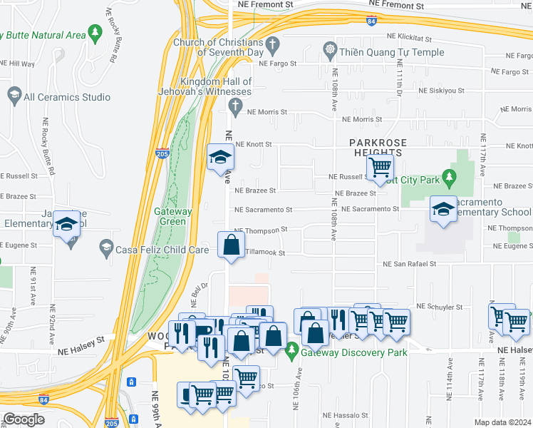 map of restaurants, bars, coffee shops, grocery stores, and more near 10364 Northeast Sacramento Street in Portland