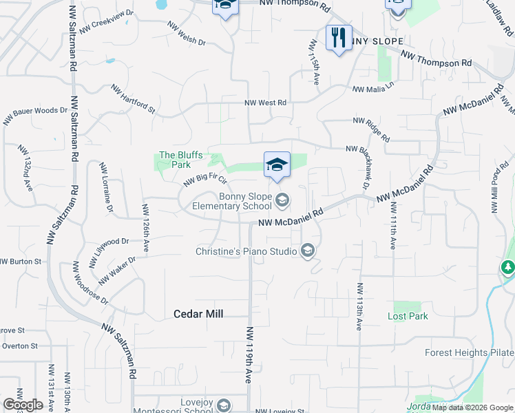 map of restaurants, bars, coffee shops, grocery stores, and more near 11865 Northwest Marylee Court in Portland