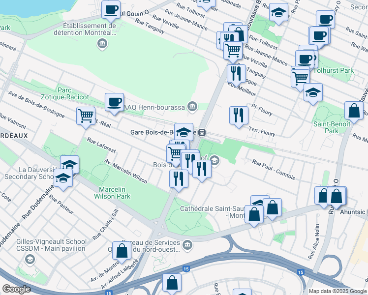 map of restaurants, bars, coffee shops, grocery stores, and more near in Montreal