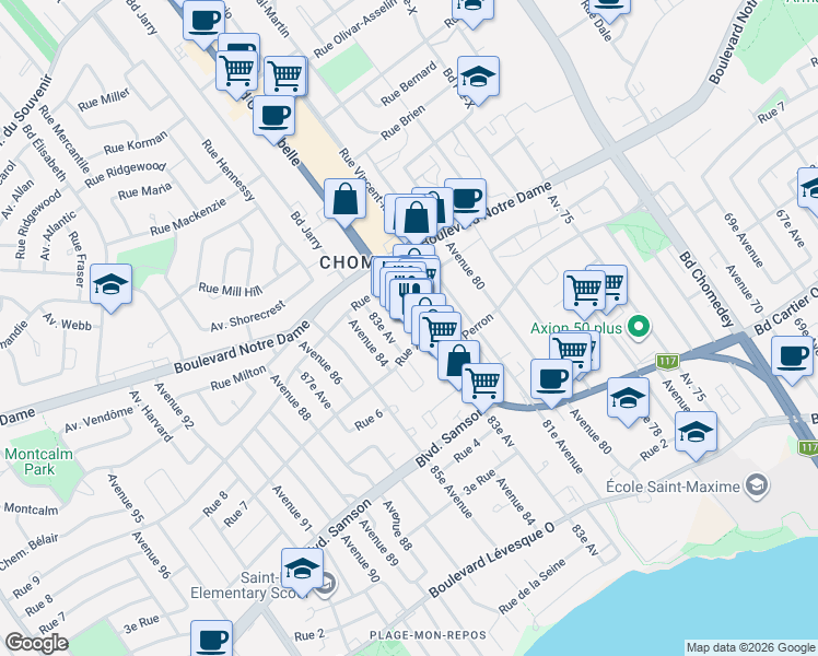 map of restaurants, bars, coffee shops, grocery stores, and more near 784 Boulevard Curé-Labelle in Laval