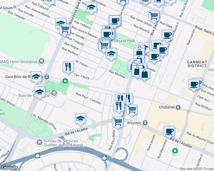 map of restaurants, bars, coffee shops, grocery stores, and more near 10120 Place Meilleur in Montréal