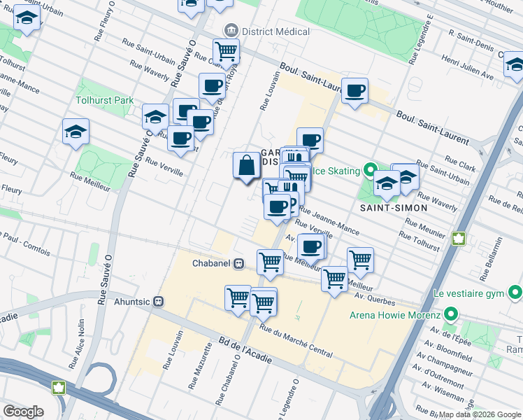 map of restaurants, bars, coffee shops, grocery stores, and more near 433 Rue Chabanel Ouest in Montréal