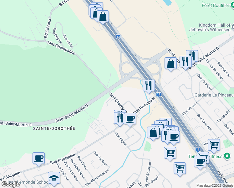 map of restaurants, bars, coffee shops, grocery stores, and more near 1021 Montée Champagne in Laval