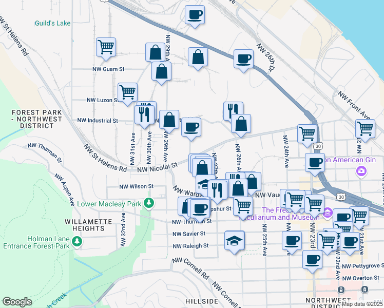 map of restaurants, bars, coffee shops, grocery stores, and more near 2505 Northwest 28th Avenue in Portland