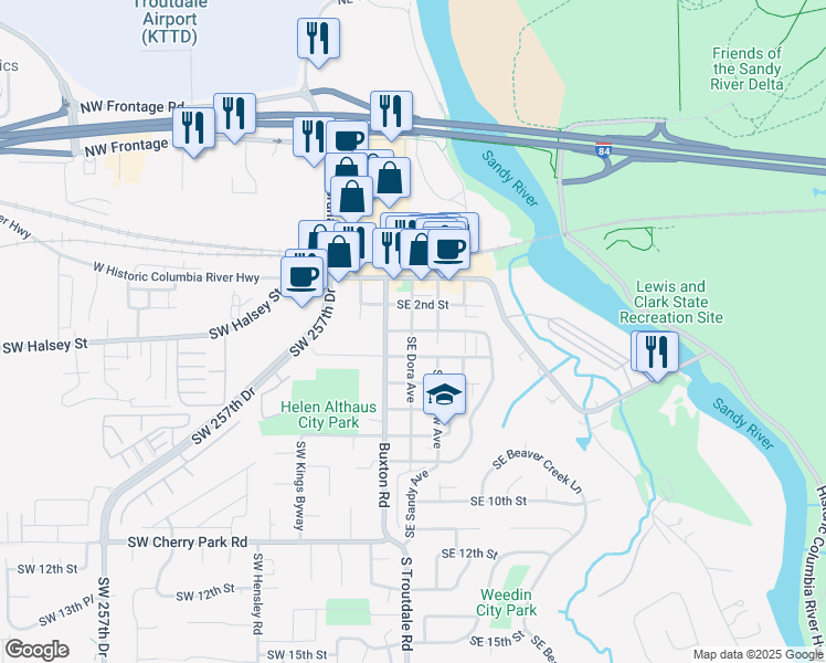 map of restaurants, bars, coffee shops, grocery stores, and more near in Troutdale