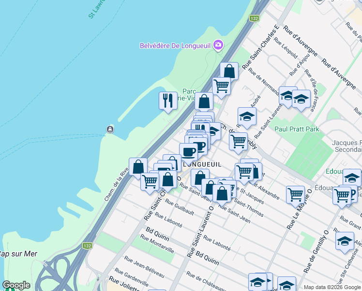 map of restaurants, bars, coffee shops, grocery stores, and more near 40 Rue Saint-Alexandre in Longueuil