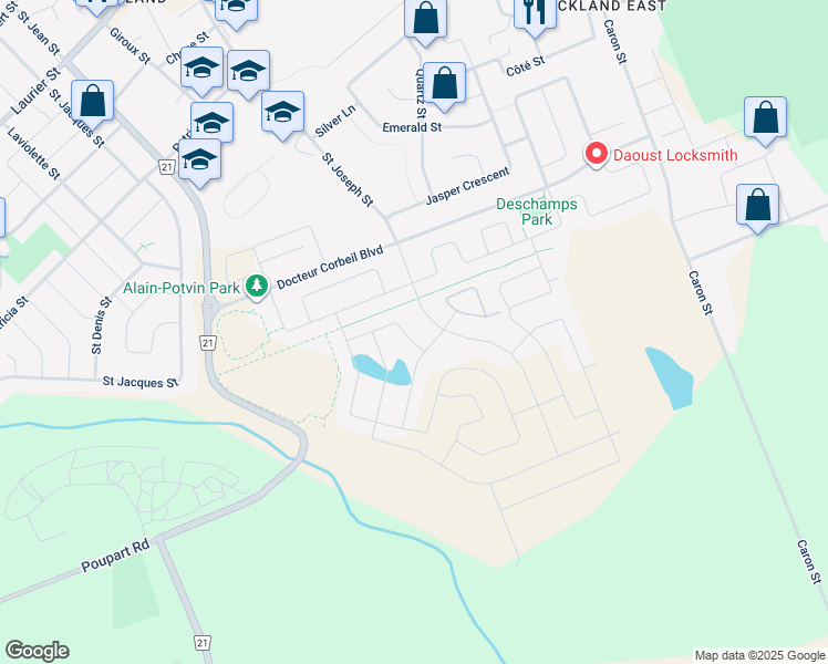 map of restaurants, bars, coffee shops, grocery stores, and more near 356 Zircon Street in Clarence-Rockland