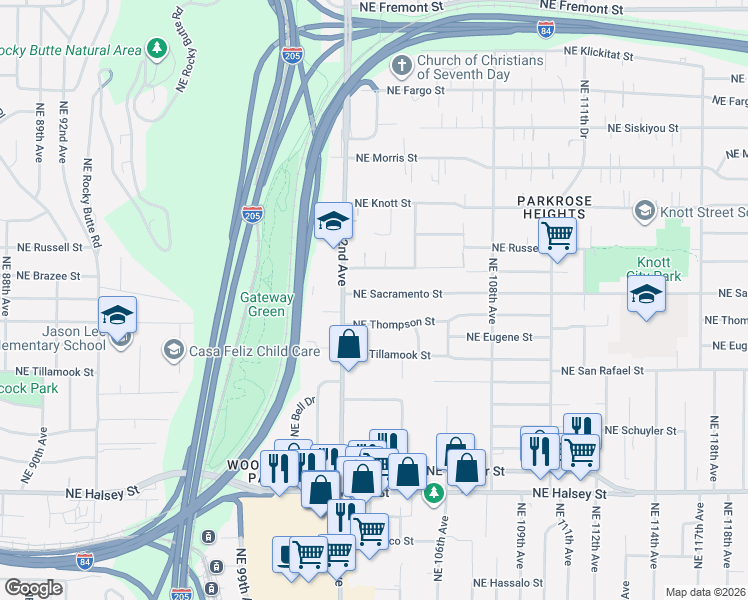 map of restaurants, bars, coffee shops, grocery stores, and more near 10316 Northeast Sacramento Street in Portland