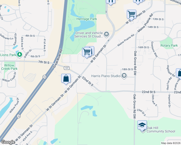 map of restaurants, bars, coffee shops, grocery stores, and more near 3600 West Street Germain Street in St. Cloud