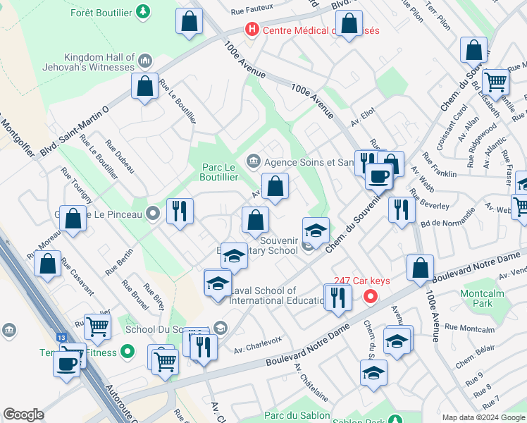map of restaurants, bars, coffee shops, grocery stores, and more near 5161 Avenue Eliot in Laval