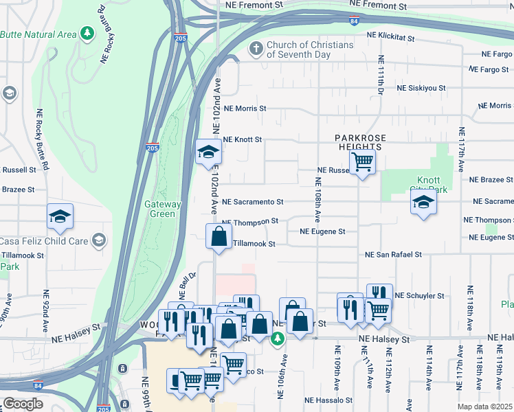 map of restaurants, bars, coffee shops, grocery stores, and more near 10400 Northeast Sacramento Street in Portland