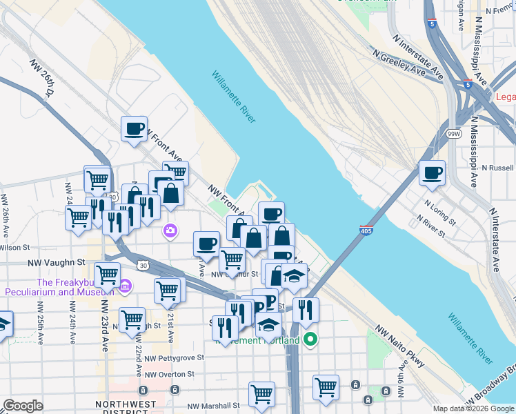 map of restaurants, bars, coffee shops, grocery stores, and more near 1830 Northwest Riverscape Street in Portland