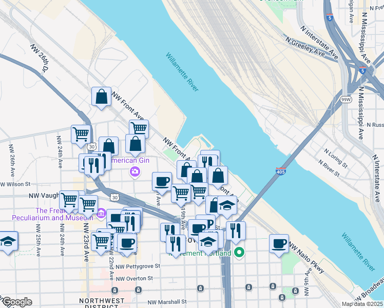 map of restaurants, bars, coffee shops, grocery stores, and more near 1830 Northwest Riverscape Street in Portland
