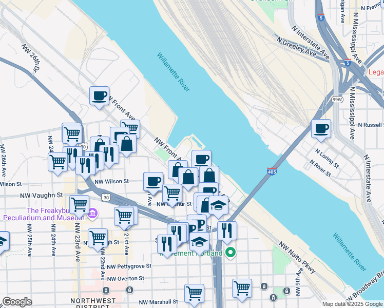 map of restaurants, bars, coffee shops, grocery stores, and more near 1830 Northwest Riverscape Street in Portland