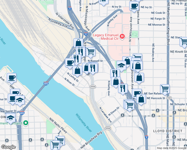 map of restaurants, bars, coffee shops, grocery stores, and more near 2262 North Albina Avenue in Portland