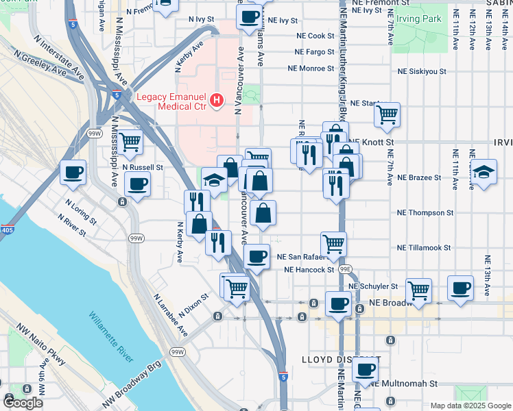 map of restaurants, bars, coffee shops, grocery stores, and more near 2337 North Williams Avenue in Portland