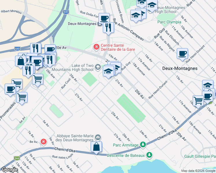 map of restaurants, bars, coffee shops, grocery stores, and more near 2240 Rue Guy in Deux-Montagnes