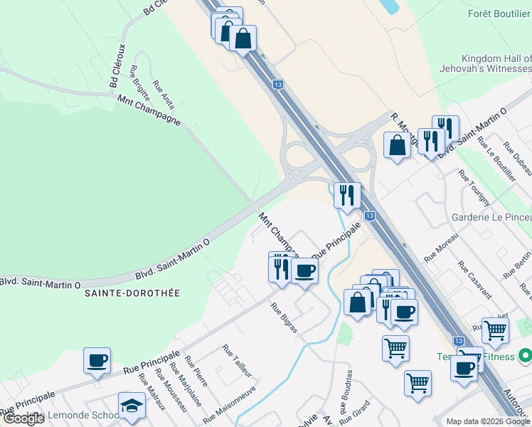 map of restaurants, bars, coffee shops, grocery stores, and more near 1015 Montée Champagne in Laval