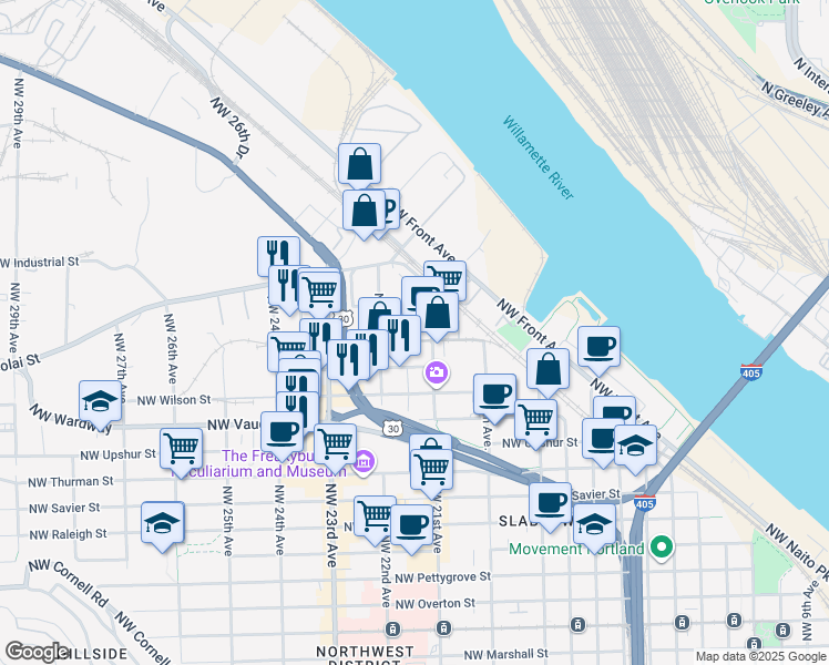 map of restaurants, bars, coffee shops, grocery stores, and more near 2356 Northwest 21st Place in Portland