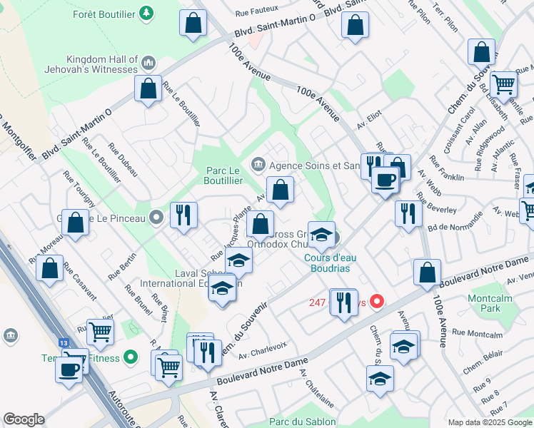 map of restaurants, bars, coffee shops, grocery stores, and more near 5161 Avenue Eliot in Laval