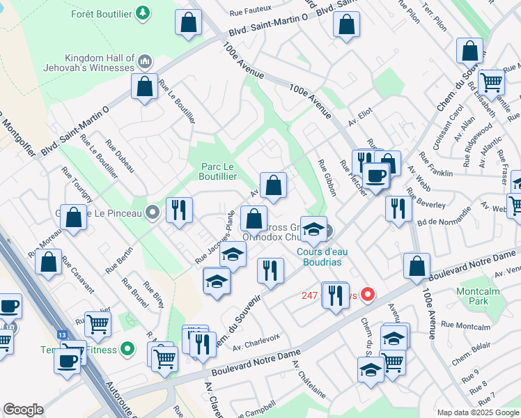 map of restaurants, bars, coffee shops, grocery stores, and more near 5151 Avenue Eliot in Laval