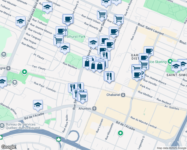 map of restaurants, bars, coffee shops, grocery stores, and more near in Montreal