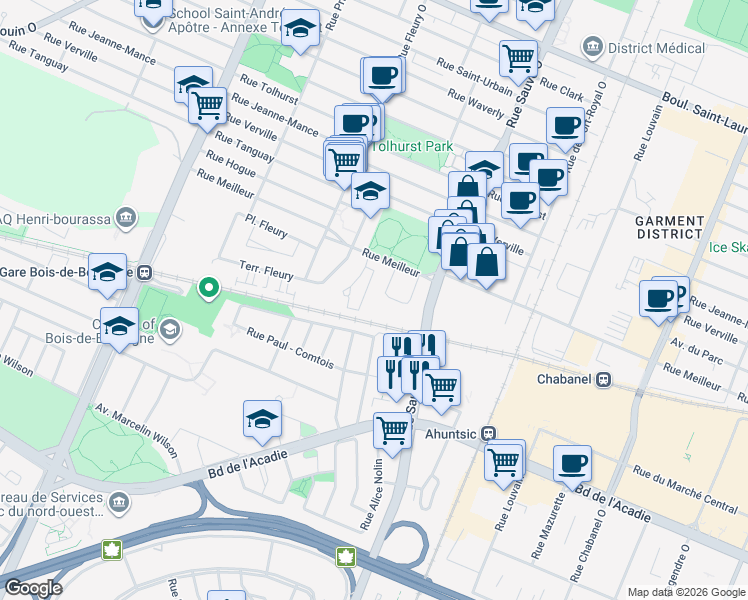 map of restaurants, bars, coffee shops, grocery stores, and more near 10130 Rue Lauraine-Vaillancourt in Montréal
