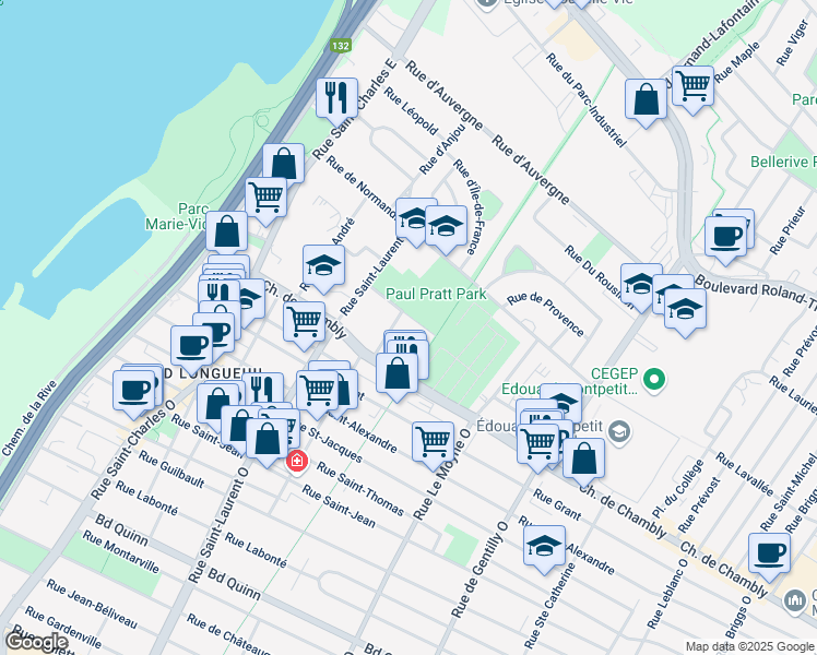map of restaurants, bars, coffee shops, grocery stores, and more near 70 Rue Lévis in Longueuil