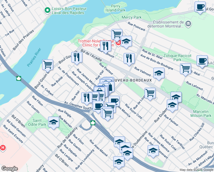 map of restaurants, bars, coffee shops, grocery stores, and more near 12038 Boulevard Taylor in Montréal