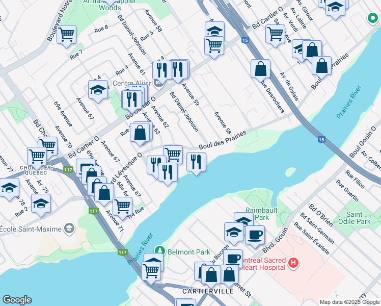 map of restaurants, bars, coffee shops, grocery stores, and more near 3040 Boulevard Lévesque Ouest in Laval