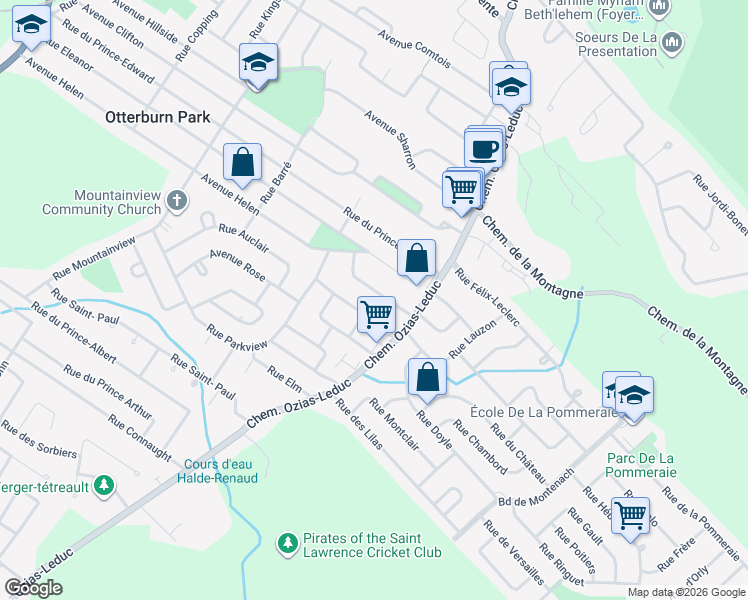 map of restaurants, bars, coffee shops, grocery stores, and more near 474 Rue Helen in Otterburn Park
