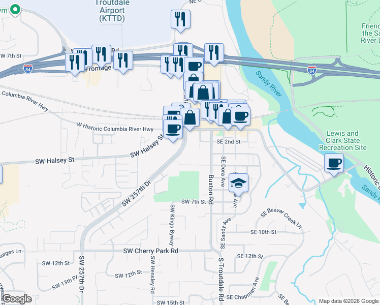map of restaurants, bars, coffee shops, grocery stores, and more near in Troutdale