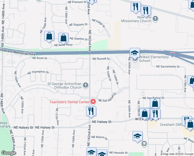 map of restaurants, bars, coffee shops, grocery stores, and more near 16351 Northeast Thompson Street in Portland