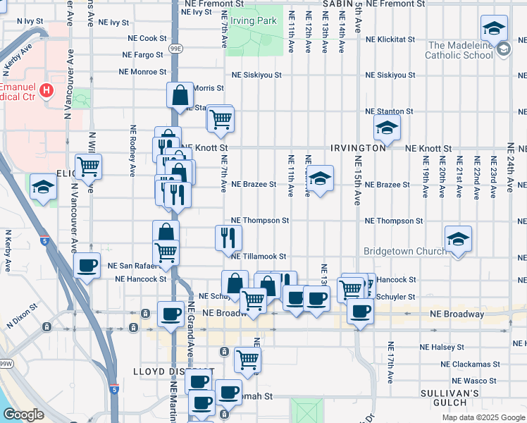 map of restaurants, bars, coffee shops, grocery stores, and more near 2406 Northeast 9th Avenue in Portland