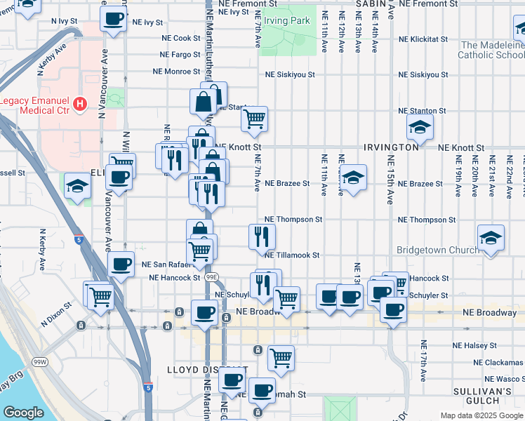 map of restaurants, bars, coffee shops, grocery stores, and more near 2417 Northeast 8th Avenue in Portland