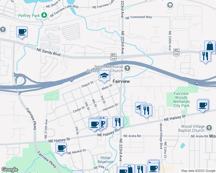 map of restaurants, bars, coffee shops, grocery stores, and more near 199 Main Street in Fairview