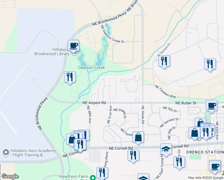 map of restaurants, bars, coffee shops, grocery stores, and more near 2020 Northeast 51st Avenue in Hillsboro