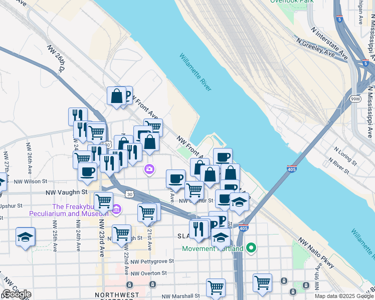map of restaurants, bars, coffee shops, grocery stores, and more near 2279 Northwest Front Avenue in Portland