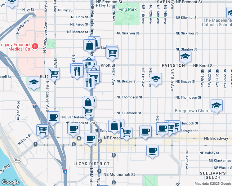map of restaurants, bars, coffee shops, grocery stores, and more near 2417 Northeast 8th Avenue in Portland