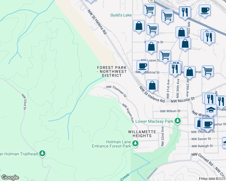 map of restaurants, bars, coffee shops, grocery stores, and more near 3814 Northwest Thurman Street in Portland