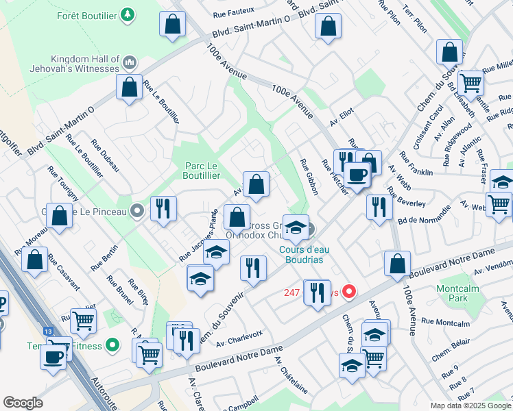 map of restaurants, bars, coffee shops, grocery stores, and more near 5101 Avenue Eliot in Laval
