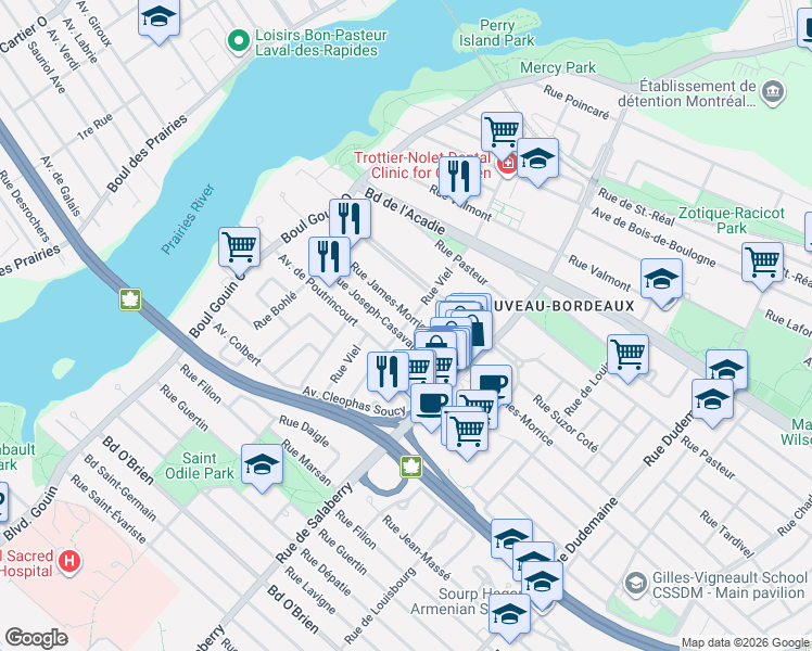 map of restaurants, bars, coffee shops, grocery stores, and more near 2457 Rue Viel in Montréal