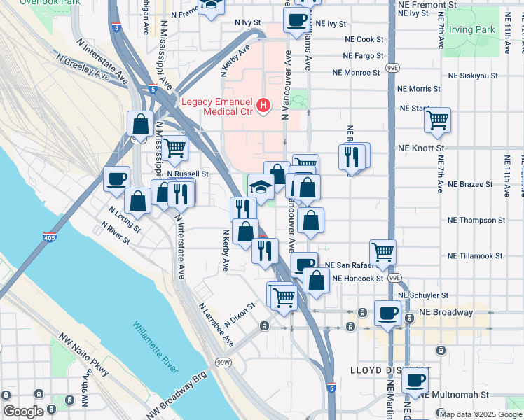 map of restaurants, bars, coffee shops, grocery stores, and more near 2231 North Flint Avenue in Portland