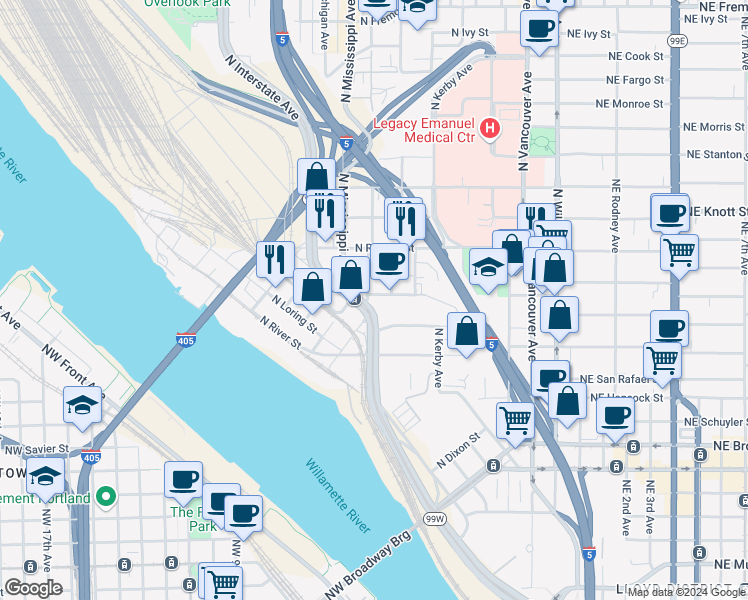 map of restaurants, bars, coffee shops, grocery stores, and more near 2262 North Albina Avenue in Portland