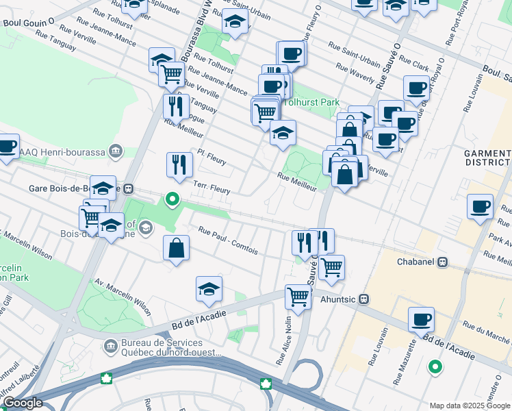 map of restaurants, bars, coffee shops, grocery stores, and more near 10130 Place Meilleur in Montréal
