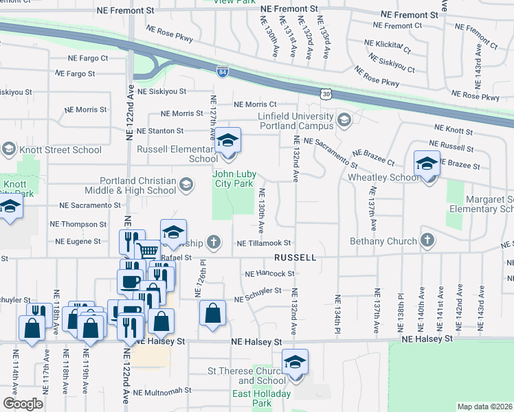 map of restaurants, bars, coffee shops, grocery stores, and more near 2301 Northeast 130th Avenue in Portland