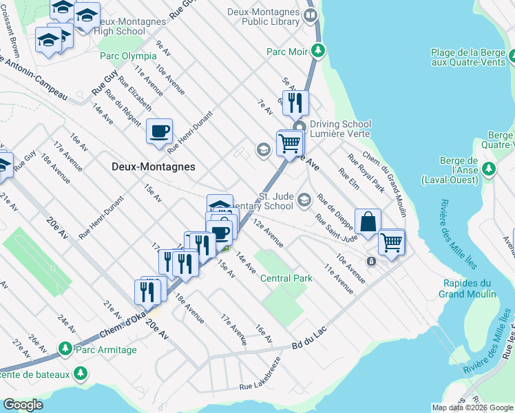 map of restaurants, bars, coffee shops, grocery stores, and more near 1104 Chemin d'Oka in Deux-Montagnes