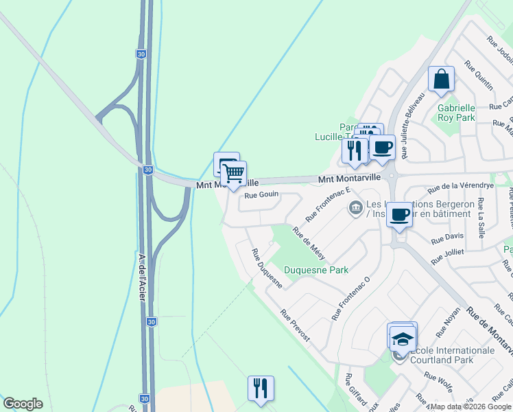 map of restaurants, bars, coffee shops, grocery stores, and more near 165 Rue Gouin in Saint-Bruno-de-Montarville