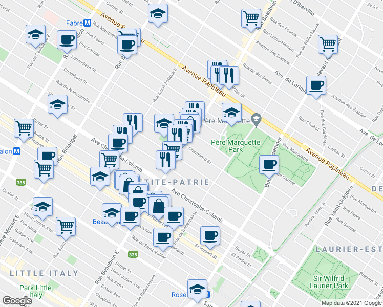 map of restaurants, bars, coffee shops, grocery stores, and more near 6376 Rue Chambord in Montréal