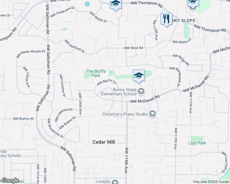 map of restaurants, bars, coffee shops, grocery stores, and more near 12165 Northwest Big Fir Court in Portland